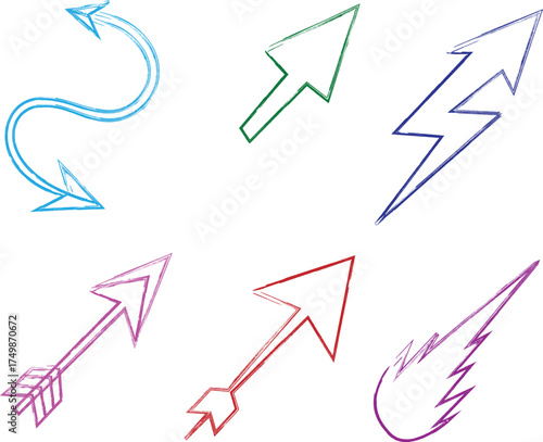 Collection of hand-drawn arrows and lightning bolts illustrating direction and speed
