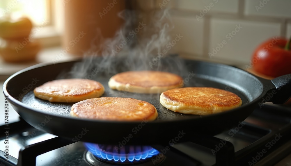 Fototapeta premium Close-up of pancakes cooking on black griddle with rising steam. Warm light streams through kitchen window illuminating breakfast preparation. Fresh, fluffy battercake sizzles over gas flames