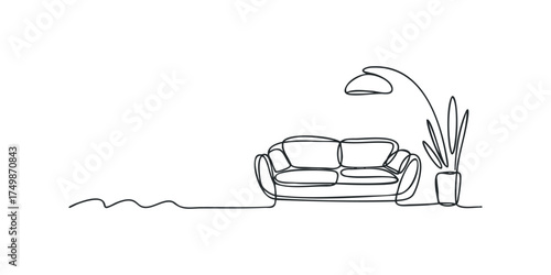 Single Line Drawing of Sofa and Floor Lamp with Plant