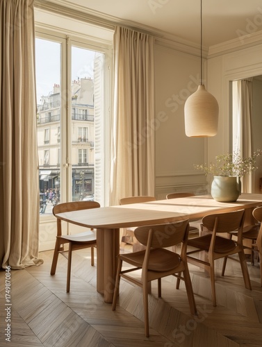 Elegant Dining Area With Wooden Table and Natural Light in Parisian Apartment