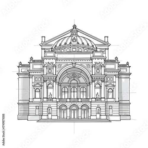 Ornate building with dome and arched windows, isolated on white background