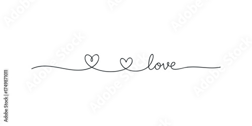 Continuous line drawing of heart shapes and word love