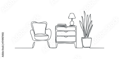 One line drawing of armchair, cabinet, lamp, and plant