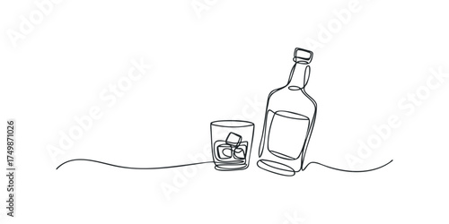 Single line drawing of a whiskey bottle and glass with ice