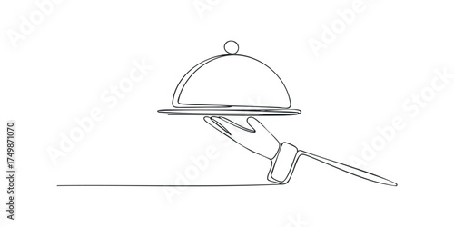 Hand holding serving dish with cover one line drawing