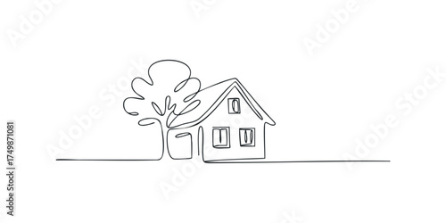 Simple line drawing of a house and tree