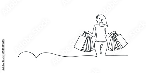 Woman carrying shopping bags in continuous line drawing