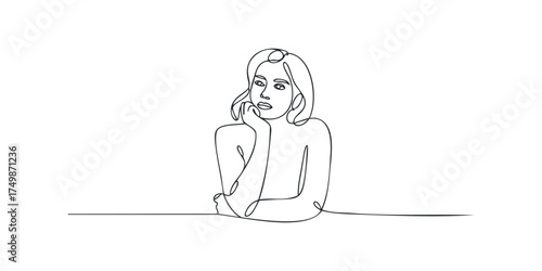 Minimalist single line drawing of a woman resting chin on hand