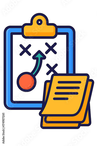 Strategy clipboard with planning notes and game markers planning strategy icons backlog