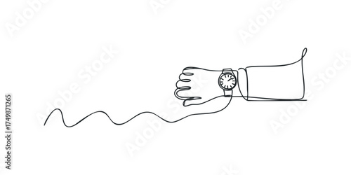 Hand wearing wristwatch in continuous line drawing style