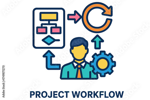 Project workflow illustration with flowchart and gear icons project workflow icons businessworkflow