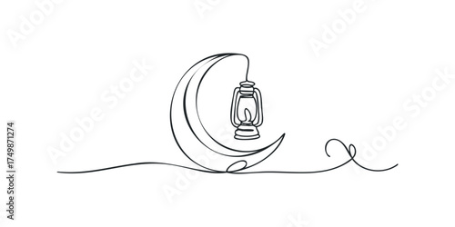 Single line drawing of a crescent moon holding a hanging lantern