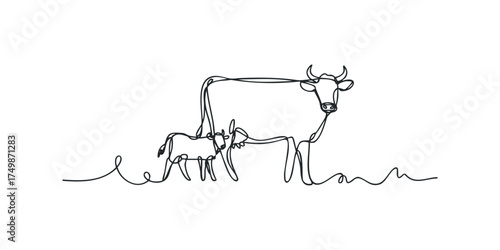 Cow and Calf Standing Together Minimalist Line Art