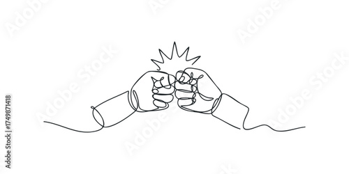 Two fists colliding in a continuous line drawing with radiating lines