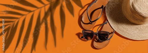Relaxing Summer Accessories on Vibrant Orange Background With Palm Shadow Cas...