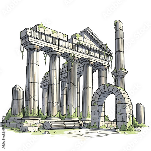 Ancient greek ruins with broken columns and overgrown vegetation