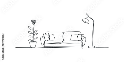 Minimalist continuous line drawing of a sofa and floor lamp