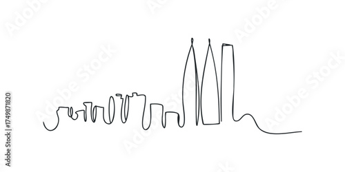 Minimalist skyline drawing with tall buildings and varied structures