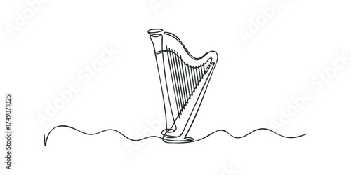 Single line drawing of a harp instrument on white background