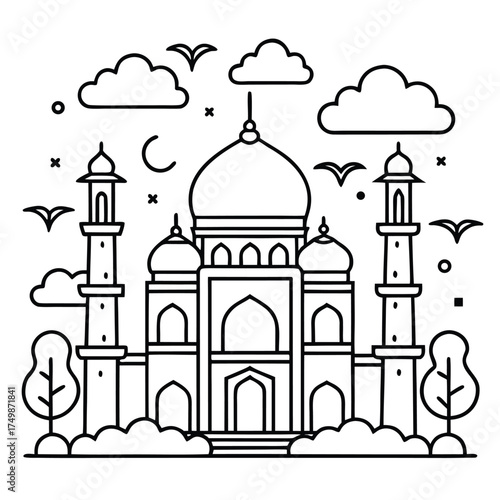 Stylized outline illustration of the taj mahal with clouds and birds