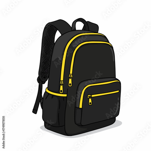 Stylish black backpack with yellow accents perfect for school travel and everyday use vector on white background