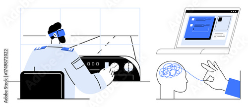 Pilot interacting with virtual cockpit controls, brain interface visualization, and AI interface on screen. Ideal for technology, innovation, aviation, virtual reality, training, artificial