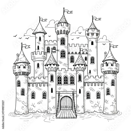 A detailed black and white drawing of a fairytale castle with flags and birds