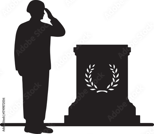 Saluting soldier in front of monument illustration honoring military service, heroism, and patriotism.