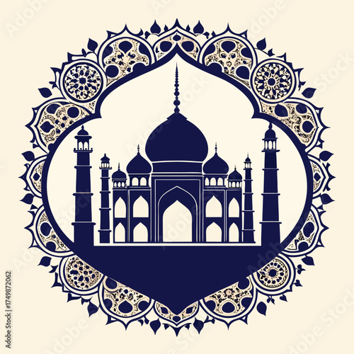 Taj mahal silhouette within a decorative mandala frame