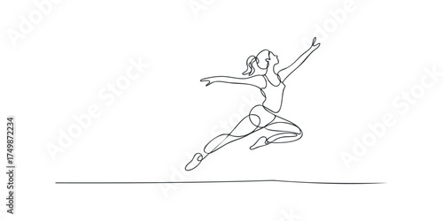 Woman in leap pose rendered with single continuous line