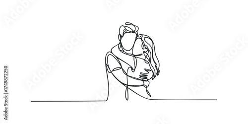 Couple embracing in continuous line drawing