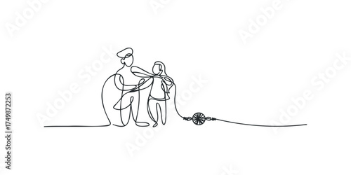 Brother ties bracelet on sister's wrist in continuous line drawing
