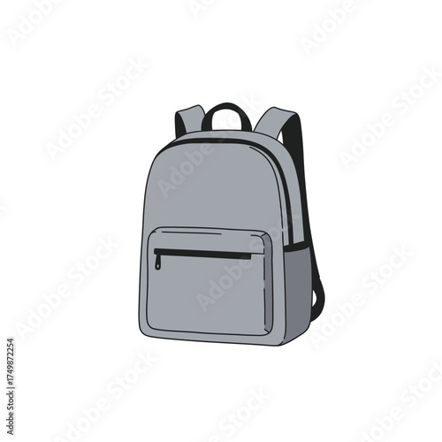 Simple gray backpack with zippered front pocket for school travel and everyday use vector on white background