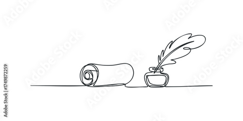 Quill pen and inkpot with rolled parchment