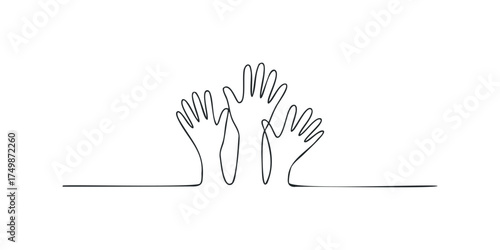Three abstract hands raised in unison