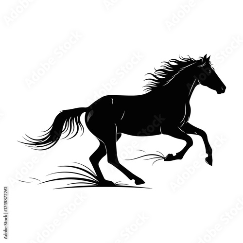 Elegant running horse silhouette on a white background.