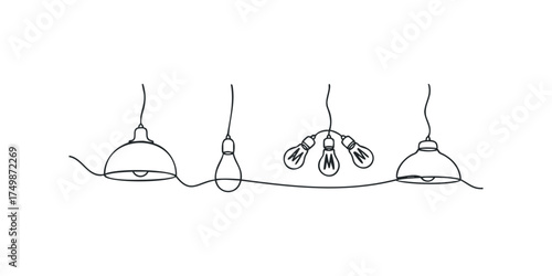 Line art of hanging light bulbs and fixtures
