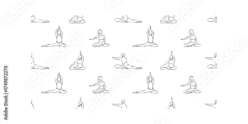 Line art figures in various yoga poses on white background