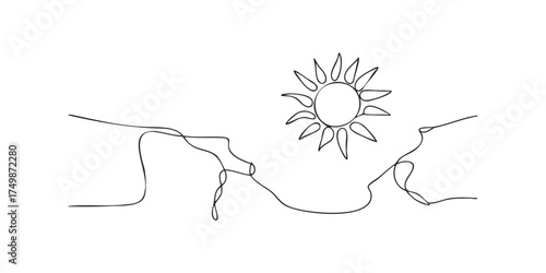 Abstract sun over barren landscape line drawing