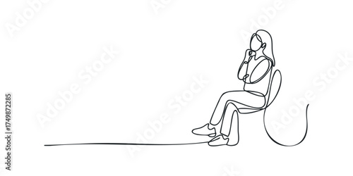 Woman sitting chair continuous line drawing contemplation