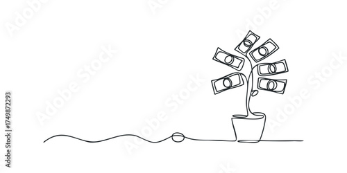 Money plant growing cash in a pot symbol