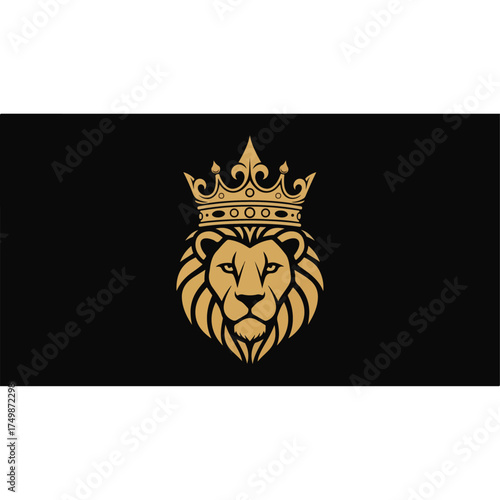 Golden Lion Head with Crown on Black Background.