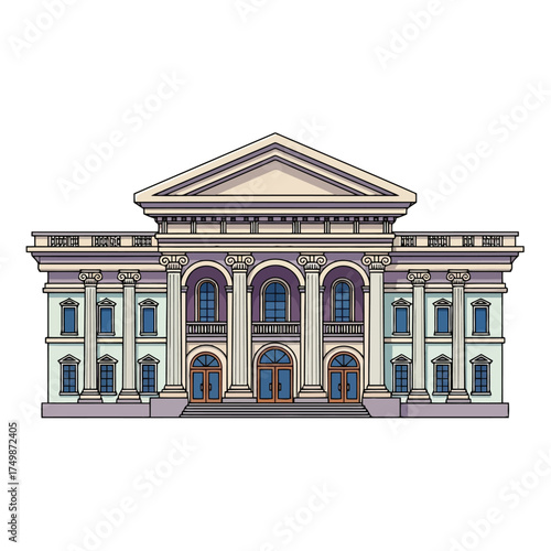Classical building with columns and arched windows isolated on white background