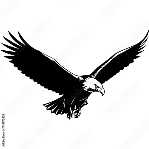 Majestic bald eagle soaring with wings spread wide in monochrome.