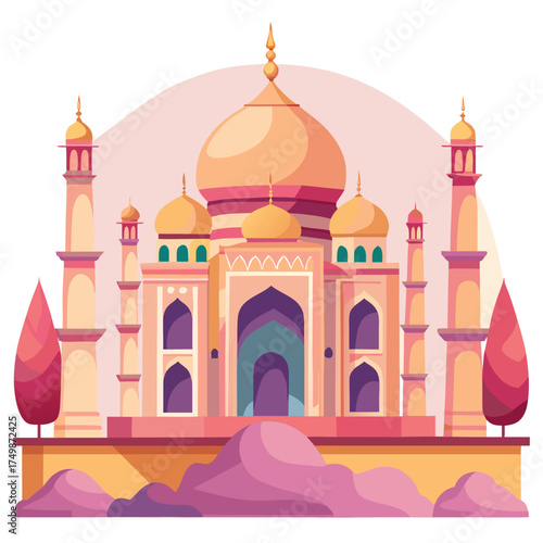 Stylized illustration of the taj mahal in warm pastel colors