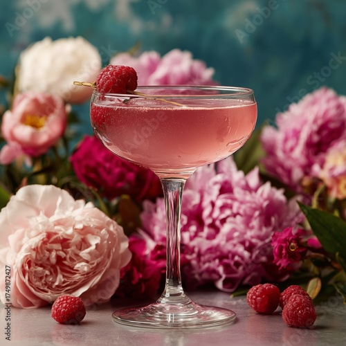 Refreshing Cocktail With Raspberries and Beautiful Flowers in a Cozy Setting