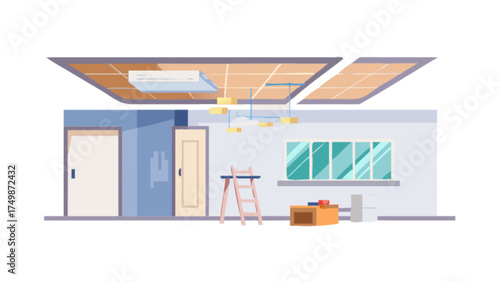 Interior design renovation project with ceiling panels lighting doors and ladder vector illustration