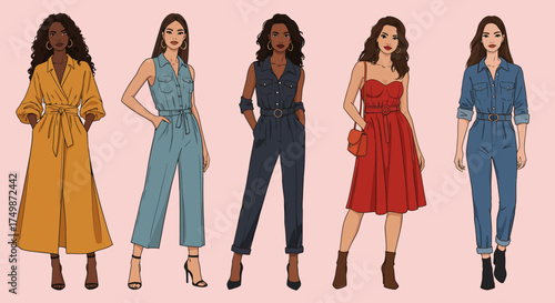 Diverse women showcase stylish outfits for modern fashion trends and clothing collections vector on white background