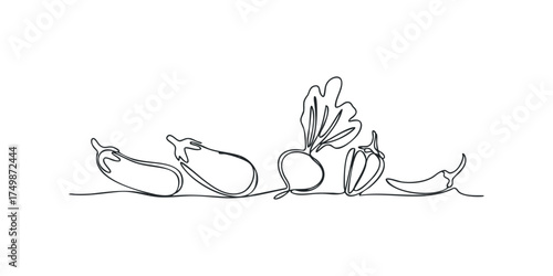 Continuous line drawing of assorted vegetables on white
