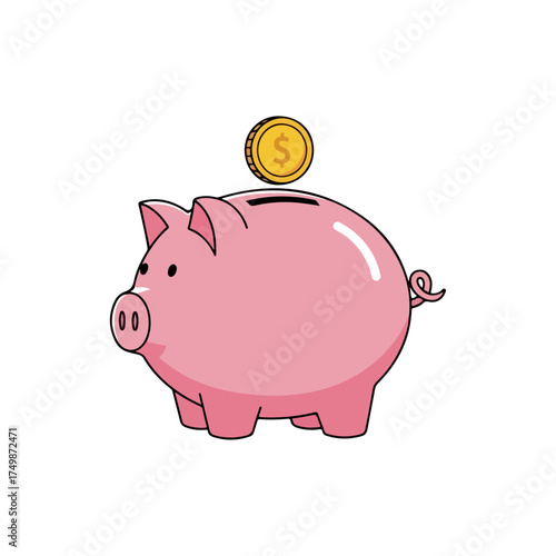 Pink piggy bank with a gold dollar coin illustration.